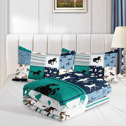 Kids Comforter Set Horses Printed Pattern Bedding Set with 1 Comforter and 2 Pillowcases for Girls Boys Bedroom All Season(Horses Full)