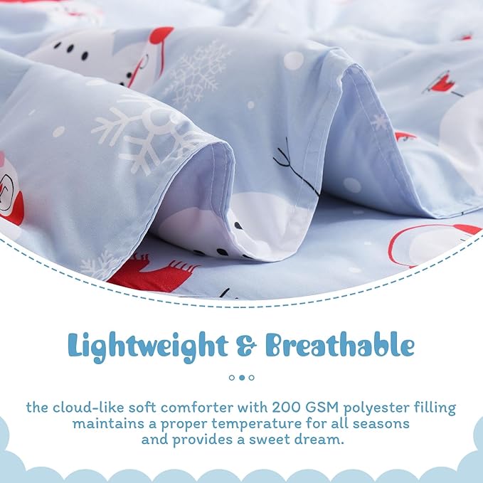 JSD Blue Snowman Kids Comforter Set Twin Size, 2 PC Christmas Winter Printed Microfiber Bedding Set