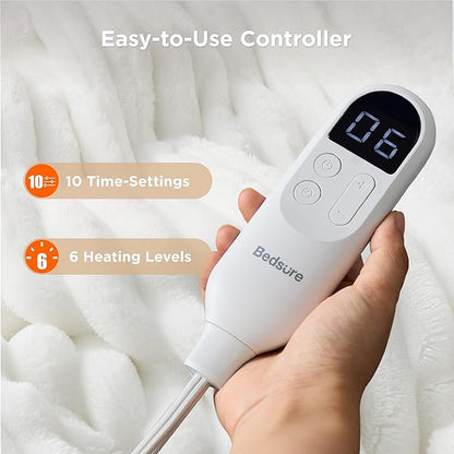 Bedsure Electric Blanket Twin - Thick Striped Flannel Electric Blanket, Heating with 10 Time Settings, 6 Heat Settings, and 8-Hour Timer Auto Shut Off, Gift for Grandma (62x84 inches, White)