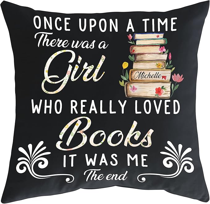 Hyturtle Personalized Book Throw Pillow (Insert Included) Gifts for Girl Book Lover Reading Club Librarian on Birthday Valentines - Funny Book Lover Gifts - Custom Name Couch Cushion Decor Pillow