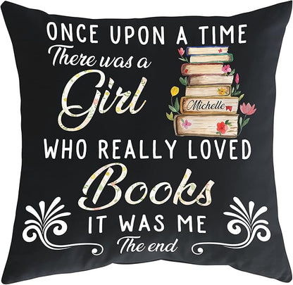 Hyturtle Personalized Book Throw Pillow (Insert Included) Gifts for Girl Book Lover Reading Club Librarian on Birthday Valentines - Funny Book Lover Gifts - Custom Name Couch Cushion Decor Pillow