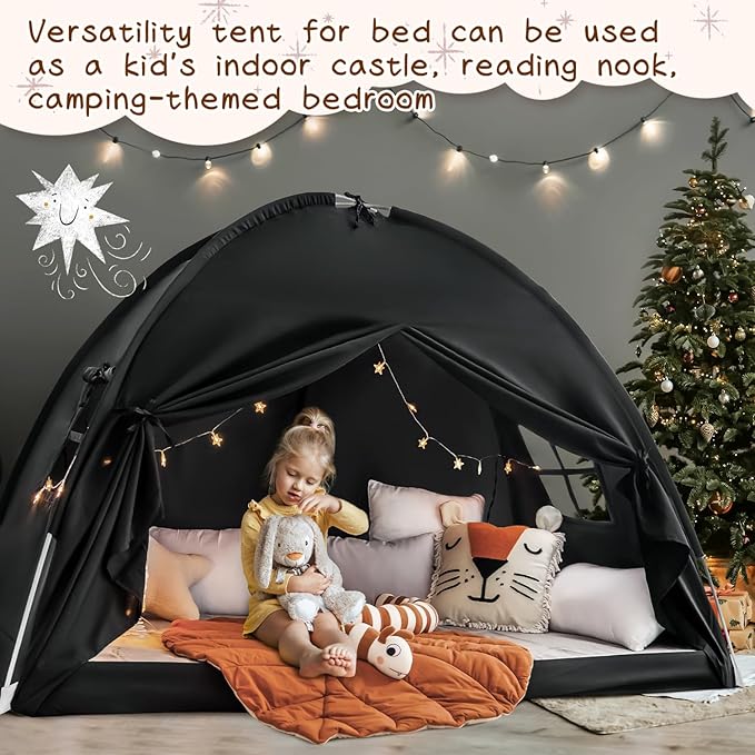 Sherilyn Twin Size Bed Canopy Toddler, Kids Bed Tents Indoor Dream Tent on Bunk Bed Privacy Space Blackout Sleeping Tents Portable Drafty Floor Playhouse for Boys Girl Birthday, House Gift, Black