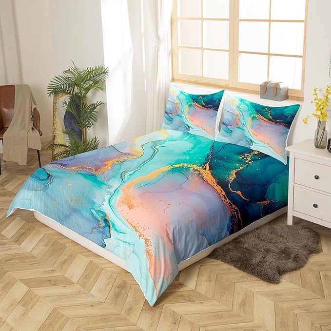 Castle Fairy Green Marble Comforter Cover,Emerald Gem Style Marbling Duvet Cover for Girls Teens Decorative Room,Luxury Golden Ripple Quilt Cover with 2 Pillowcases, Full Size