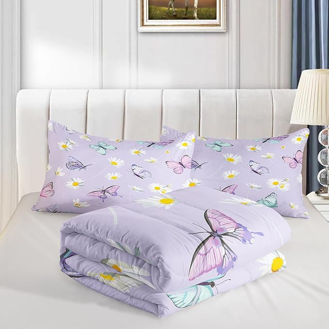 QOOMO Butterfly Comforter Set for Kids Teens Girls Women,Daisy Kids Comforter,1 Comforter with 2 Pillowcase, Microfiber 3 Piece Bedding Set,for All Seasons，King Size