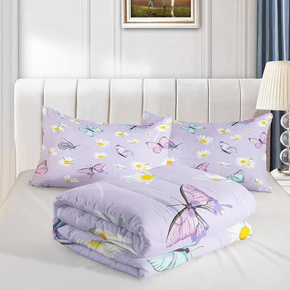 QOOMO Butterfly Comforter Set for Kids Teens Girls Women,Daisy Kids Comforter,1 Comforter with 2 Pillowcase, Microfiber 3 Piece Bedding Set,for All Seasons，Queen Size