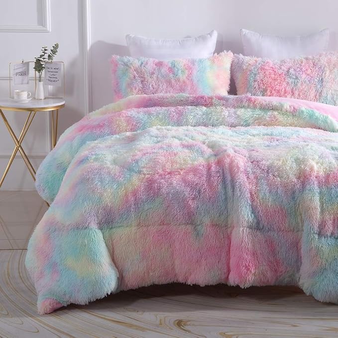 Wajade Faux Fur Plush Rainbow Comforter Set Fluffy Fuzzy Shaggy Bedding Set - 3PC King Size Microfiber Soft Warm Quilt Set