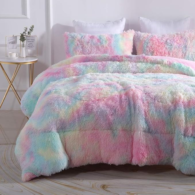 Wajade Faux Fur Plush Rainbow Comforter Set Fluffy Fuzzy Shaggy Bedding Set - 3PC Full/Queen Microfiber Soft Warm Quilt Set