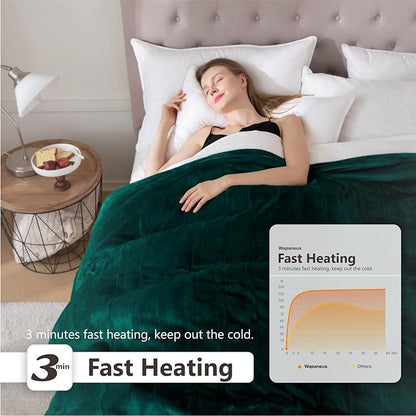 Wapaneus Heated Blanket Electric Blanket 62" x 84" Twin Size with 10 Heating Levels and 12 Hours time Settings, Flannel Fast-Heating Electric Blanket, ETL Listed, Machine Washable, Vintage Green