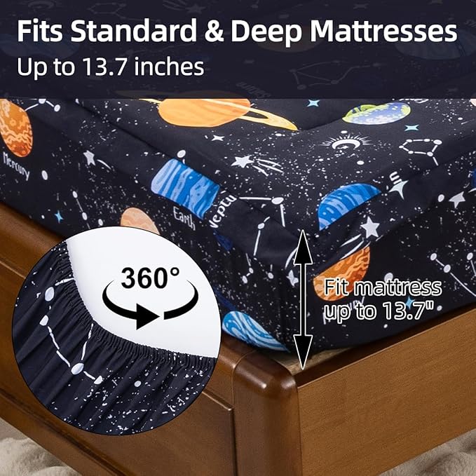 Holawakaka Kids Zipper Bedding Galaxy Comforter Set, Boys Girls Twin Size Outer Space Stars Planet Print Zippered Bed Sets, Child Cartoon Dorm Zip Bedding