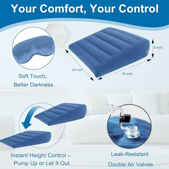 TheClover Inflatable Wedge Pillow for Traveling & Sleeping - 8 Inch Bed Wedge Pillow for Acid Reflux, Snoring, Back Support, Sleeping Upright After Surgery,Portable Inflatable Pillow with Eye Mask