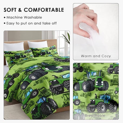 Twin Size Car Comforter Set with Pillowcase, Farm Tractor Summer Soft Green 2 Pcs Bedding for Kids and Adults, Plant Dirt Wheel Comforter Set for Room Bedroom Bed Decor