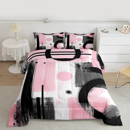 Feelyou Kids Abstract Art Comforter Set King Size Geometric Bedding Set for Boys Girls Teens Bedroom Decor Geometric Pink Grey Black Comforter Women Men Modern Duvet Set with 2 Pillow Case