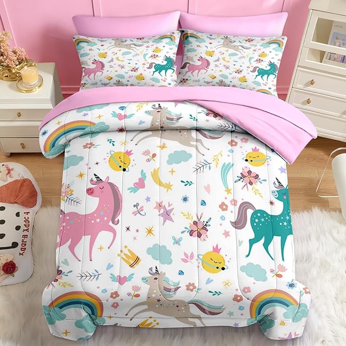 Nesker 5 Pcs Comforter Set Twin Size, Cute Colorful Unicorns Bedding Set for Kids Teen, Cloud Rainbow Bed Sheet with Pillowcase & Sham