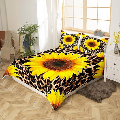 Castle Fairy Sunflowers Bedding Set Twin Size,Leopard Fur Print Duvet Cover for Kids Boys Bed Comforter Cover Set,Wildlife Animal Floral Bedding Quilt Cover Set Decorative 2 Pieces