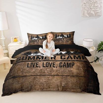 Castle Fairy Happy Summer Camp Comforter Cover,Rustic Farmhouse Camping Duvet Cover for Girls Teens Decorative Bedroom,Retro Black Sketch Drawing Polyester Quilt Cover with 2 Pillowcases, Full Size