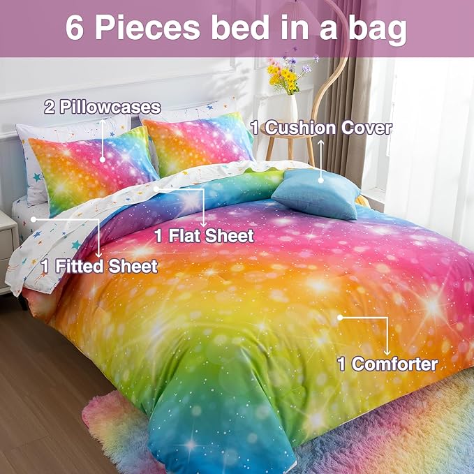 A Nice Night 6Pcs Gradient Glitter Bedding Set for Girls, Colorful Rainbow Galaxy Comforter Set, Ultra Soft Bedding Sets (Multi,Twin 6Pcs)
