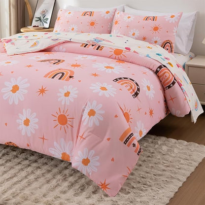 Holawakaka Boho Rainbow Daisy Twin Comforter Set with Sheets, 5-Piece Bohemian Sun Flower Bedding Set for Girls & Women - Super Soft Microfiber Kids Teen-Girls Orange Reversible Bed-in-a-Bag