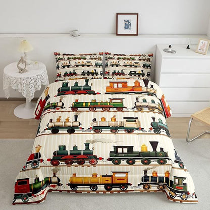 Erosebridal Vintage Train Comforter Set Retro Steam Engine Bedding Twin for Boys Girls Colorful Steam Locomotive Train Bedding Set, Transportation Vehicle Train Duvet Insert with 1 Pillowcase