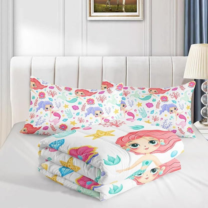 Mermaid Comforter Set Full Size Fairy Tale Sea Shell Grass Bedding Set Starfish Quilt Bed Set for Kid Girls with 1 Comforter and 2 Pillowcases