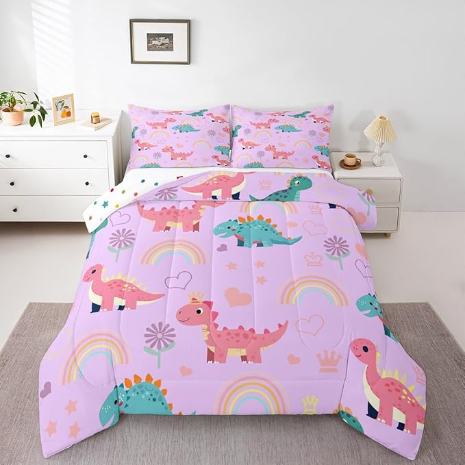 Castle Fairy Kawaii Dino Kids Comforter Set Queen Size,Cute Rainbow Floral Love Heart Reversible Bedding Set for Adult,Pink Blue Dinosaur Lovely Animal Luxury Bed Duvet Insert,2 Pillowcases
