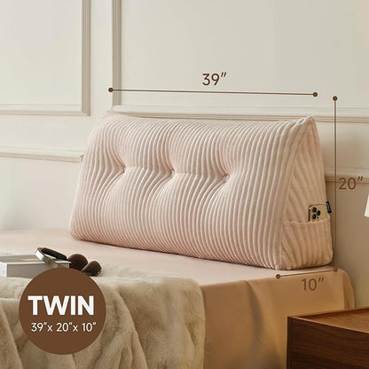 Z-hom Twin Headboard Pillow, Triangular Wedge Reading Pillow for Bed or Sofa, Ergonomic Backrest Cushion for Sitting Up, Reading or Relaxing, with Side Pocket，Removable Washable Cover,Beige Cream