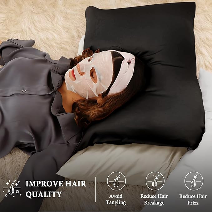 BHZ Black Satin Goose Down Feather Pillows Standard Size with Black Satin Pillowcase for Hair and Skin, Cooling Pillow Cases Similar to Silk Pillow Cases, Decorative for Women, Mom Men