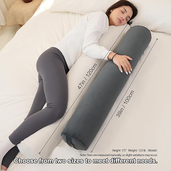 Long Round Body Pillow for Adults – Bolster Pillow for Bed, Cervical Roll Pillow, Firm Support for Sleeping,47 x 7.87 Inches,Misty White