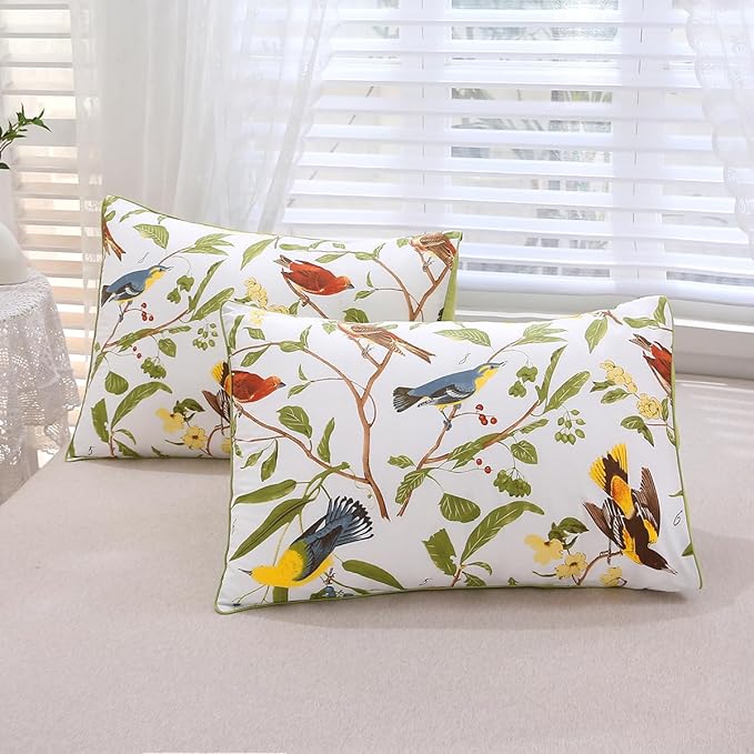 URBONUR Birds Duvet Cover Set Twin Size, 100% Cotton Cute Bird Comforter Fall Leaf Printed Bedding Set for Kids Children, Breathable Duvet Cover Sets Bedding 3 Pc