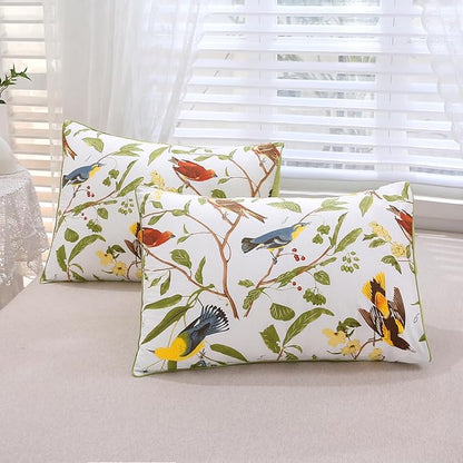 URBONUR 100% Cotton Percale Duvet Cover Set Queen Size 3 PCS Soft Breathable Botanical Bedding Set Green Leaves and Birds Printed on White Duvet Cover, Corner Ties Button Closure