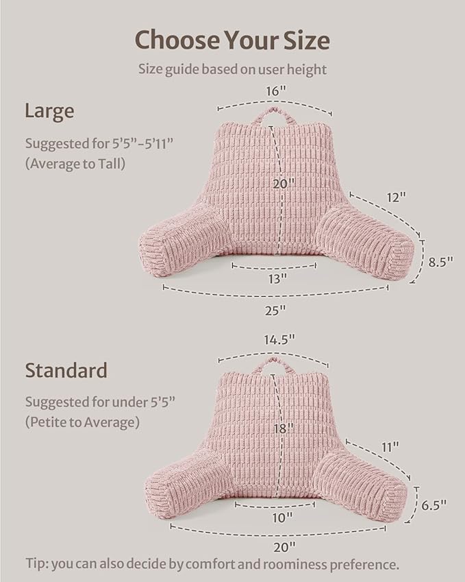 Blissful Diary Reading Pillow, Backrest Pillow with Shredded Memory Foam for Adult & Children, Designed for Bed and Couch Sitting Up, Includes Arms, Pockets and Washable Cover, Pale Pink