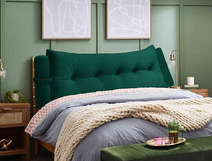 Triangular Reading Bed Rest Pillow Large Bolster Cushion Headboard Backrest Wedge Pillow with Two Detachable Roll Pillows for Neck & Lumbar Support (Green, Queen: 59 x 8 x 20 inches)