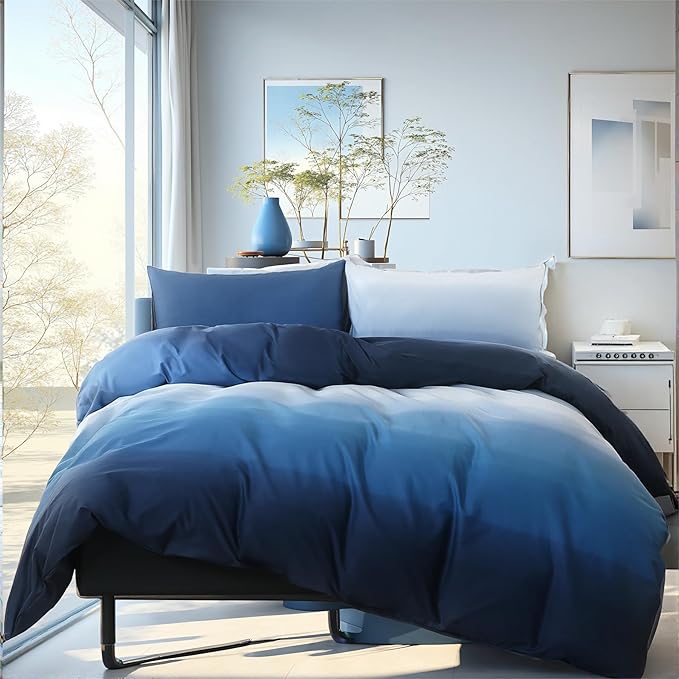 Blue and White Duvet Cover Queen Size 100% Cotton Duvet Cover Sets Gradient Blue Comforter Cover Ocean Like 3 Pcs Soft and Lightweight Bedding Set for All Seasons