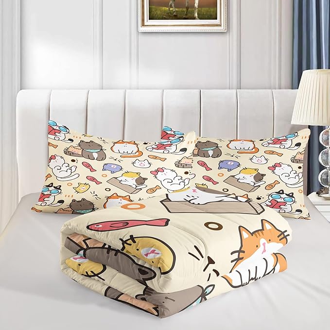 QOOMO Kawaii Cat Comforter Twin,Kawaii Animals Comforter Set for Kids Teens Girls,3Pcs Bedding Set Printed Comforter with 2 Pillowcases,Down Alternative,Soft and Lightweight，Twin Size