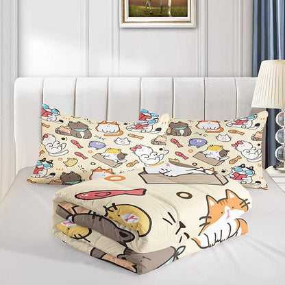 QOOMO Kawaii Cat Comforter King,Kawaii Animals Comforter Set for Kids Teens Girls,3Pcs Bedding Set Printed Comforter with 2 Pillowcases,Down Alternative,Soft and Lightweight，King Size