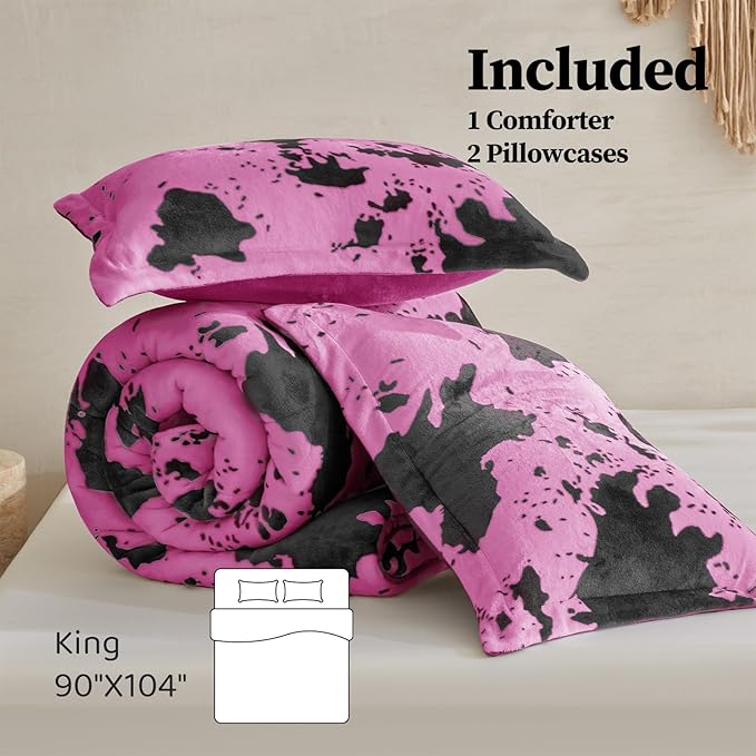 Petrichor Velvet Flannel King Comforter Set-Cow Print Western Style Blanket,Luxury Fuzzy Heavy Bedding Set, 3 Pieces Plush Winter Bed Set with Comforter (90"x104") & 2 Pillow Shams (20"x36"