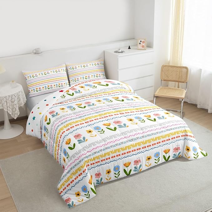 Castle Fairy Boho Floral Kids Comforter Set Queen Size,Watercolor Groovy Flowers Christmas Reversible Bedding Set for Adult,Tribal Aztec Stripes Luxury Bed Duvet Insert,2 Pillowcases