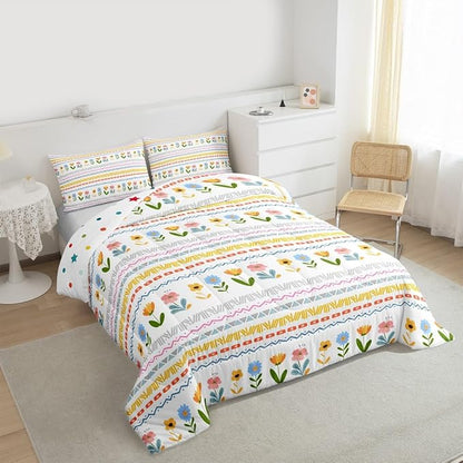 Castle Fairy Boho Floral Kids Comforter Set Queen Size,Watercolor Groovy Flowers Christmas Reversible Bedding Set for Adult,Tribal Aztec Stripes Luxury Bed Duvet Insert,2 Pillowcases