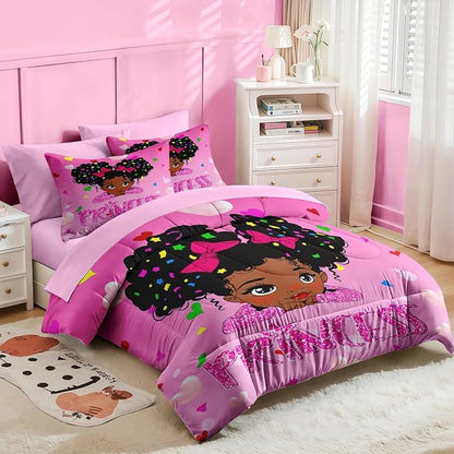 Nesker 7 Pcs Comforter Set Queen Size, Pink Princess Bedding for Kids Teen, Cute Fairy Fantasy Girl with Fitted Sheet 2 Pillowcases & 2 Shams for Bedroom Bed Decor