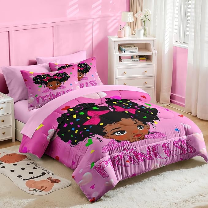 Nesker 7 Pcs Comforter Set Full Size, Pink Princess Bedding for Kids Teen, Cute Fairy Fantasy Girl with Fitted Sheet 2 Pillowcases & 2 Shams for Bedroom Bed Decor