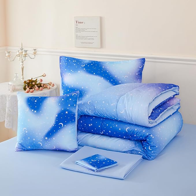 URBONUR 6Pcs Gradient Glitter Comforter Set for Girls Twin Size Blue Galaxy Kids Bedding Set for Boys Comforter Sets Soft Bed in A Bag Twin (Ombre Blue)