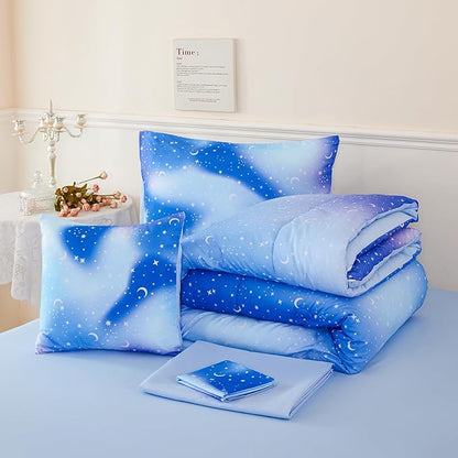 URBONUR 6Pcs Gradient Glitter Comforter Set for Girls Twin Size Blue Galaxy Kids Bedding Set for Boys Comforter Sets Soft Bed in A Bag Twin (Ombre Blue)