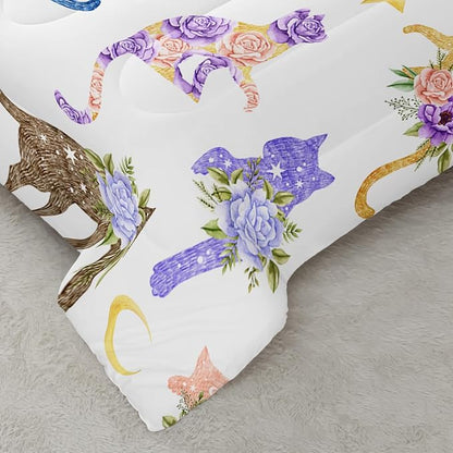 Cat Comforter Set Queen Size, Colorful Cat with Flowers Duvet Set, White Comforter with Moon and Star Pattern, Gift for Bedroom Decor