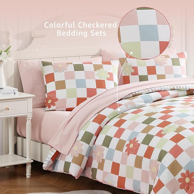 Full Size Comforter Set for Girls, Colorful Checkered Bedding Set with Cute Floral, All Season Plaid Kids Bed in a Bag 7 Pieces with Sheets, Pillowcases & Shams