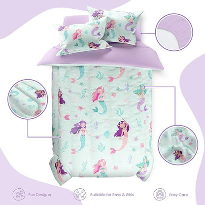SANDJEST Mermaid Comforter Set Full Size 98x86in for Kids Girls, Microfiber 4 Pcs Bedding Set Includes 1 Comforter, 2 Pillowcases, 1 Fitted Sheet, Nursery Room Decor
