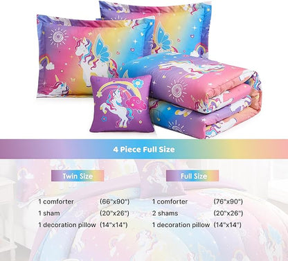 Full Size Comforter Set for Girls-4 Pieces Rainbow Unicorn Full Bedding Sets for Kids, 1 Comforter, 2 Shams and 1 Decor Pillow