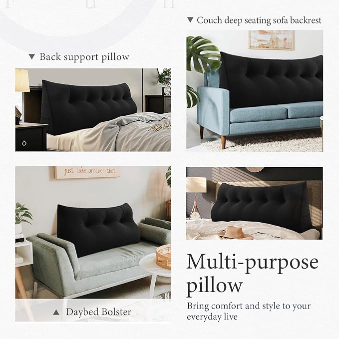 Headboard Pillow - 3 in 1 Large Bed Pillow as Wedge Reading Pillow, Large Couch Daybed Pillow or Positioning Support Backrest Back Cushion for Sitting in Bed Velvet Full Black