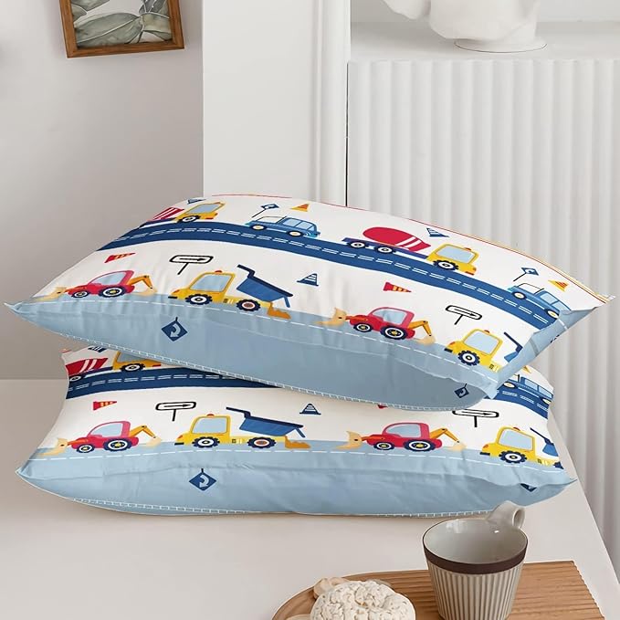 Axolotl Cartoon Car Kids Comforter Set Full,Construction Bedding Set Trucks Excavator Tractor Bed Set with 1 Quilt 2 Pillowcases for Boys Girls Teens Adults Bedroom Decor(Blue Red)
