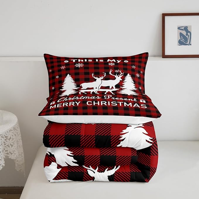 Christmas Comforter Set,Reindeer Moose Deer Bedding Set for Kids Boys Girls,Black Red Merry Christmas Grid Checkered Duvet Insert Twin,Happy New Year Xmas Down Comforter with 1 Pillow Sham