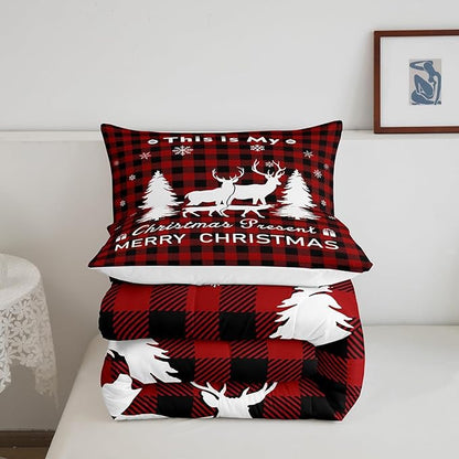 Christmas Comforter Set,Reindeer Moose Deer Bedding Set for Kids Boys Girls,Black Red Merry Christmas Grid Checkered Duvet Insert King,Happy New Year Xmas Down Comforter with 2 Pillow Shams