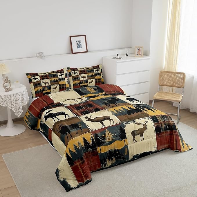 Feelyou Deer Comforter Set Queen Size Wild Life Comforter for Boys Girls Teens Forest Bedding Set Grid Duvet Set Room Decor Rust Red Quilt Set